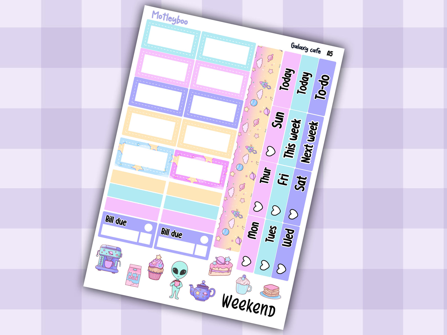 Hobonichi cousin, weekly planner sticker kit, Galaxy Cafe