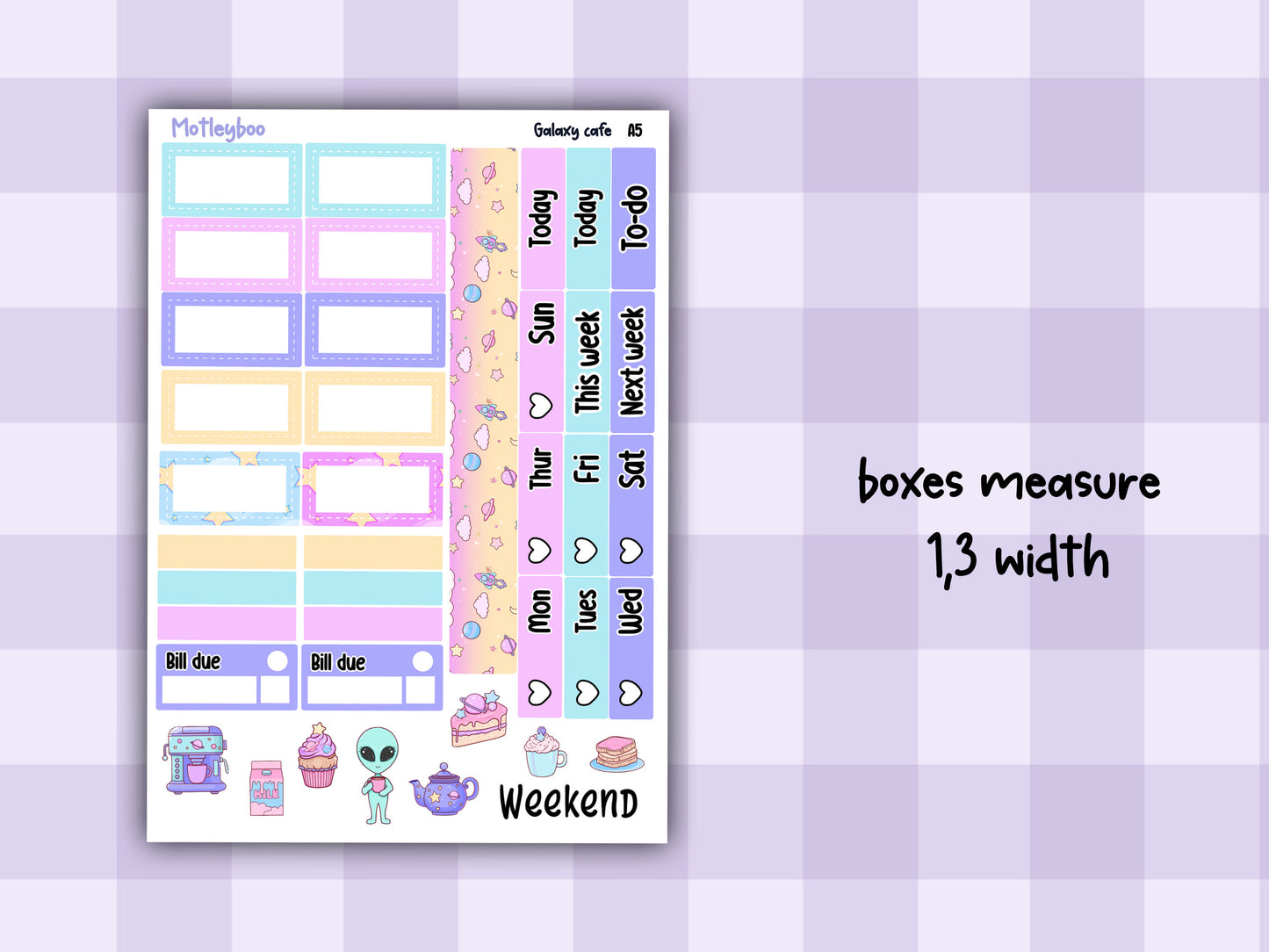 Hobonichi cousin, weekly planner sticker kit, Galaxy Cafe