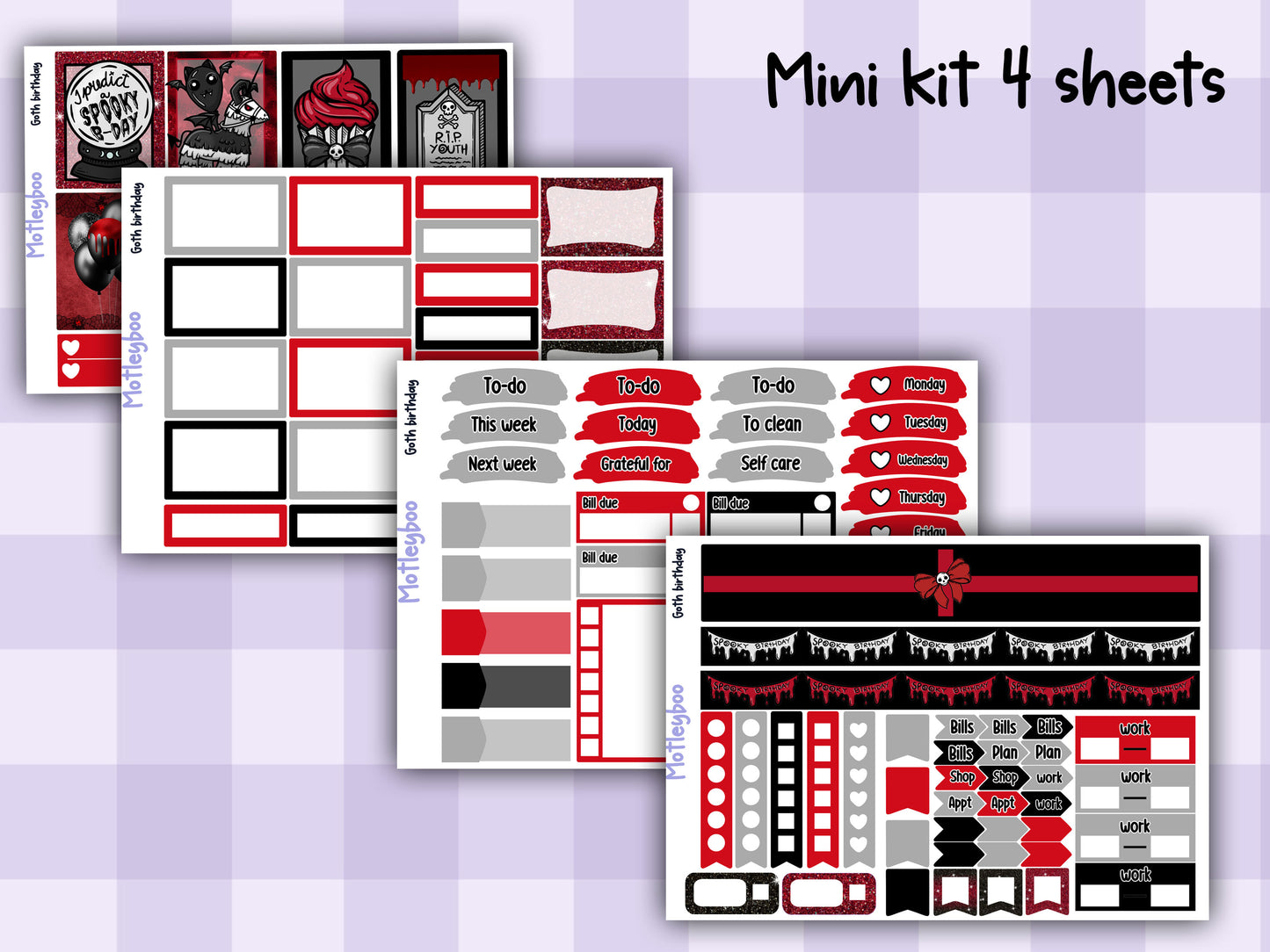 Weekly Planner Sticker Kit, Spooky Birthday Vertical Planning Stickers, Goth birthday