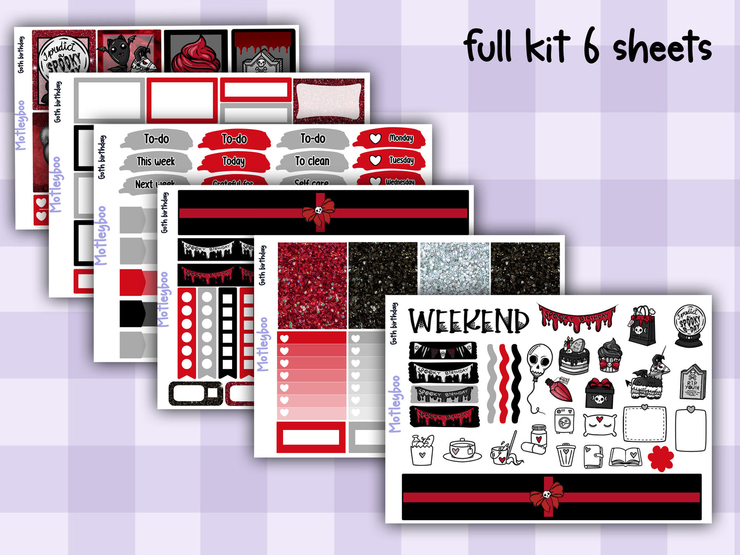 Weekly Planner Sticker Kit, Spooky Birthday Vertical Planning Stickers, Goth birthday