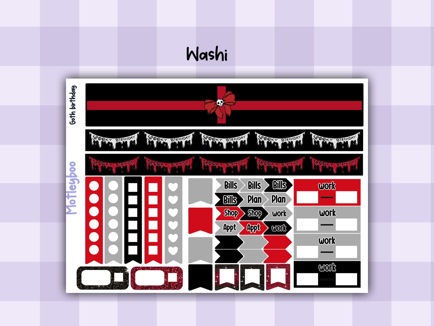 Weekly Planner Sticker Kit, Spooky Birthday Vertical Planning Stickers, Goth birthday
