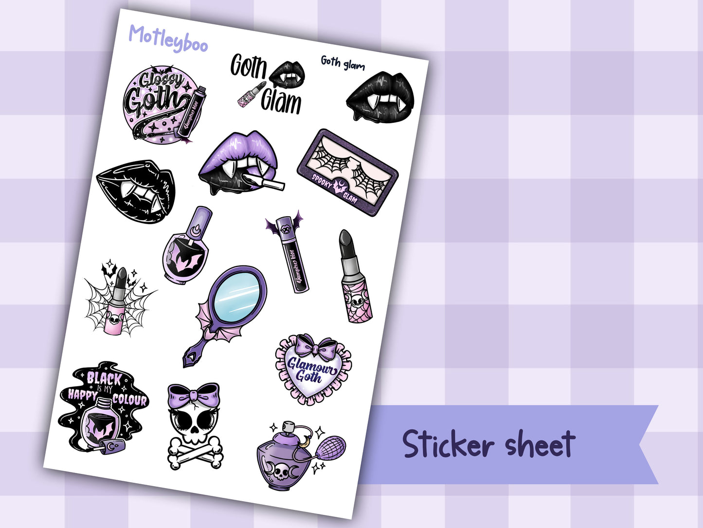 Planner sticker sheet, gothic spooky stickers, Goth glam