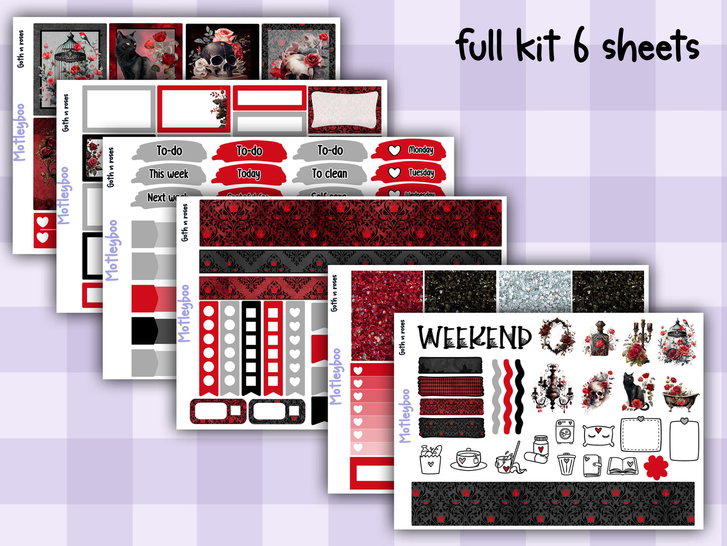 Weekly Planner Sticker Kit, Spooky goth halloween Vertical Planning Stickers, Goth n Roses