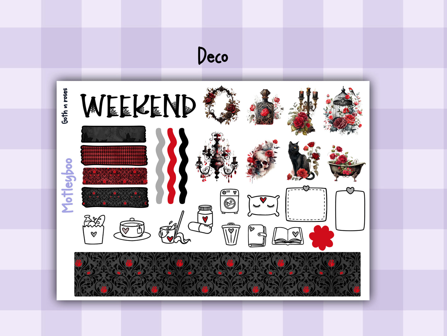 Weekly Planner Sticker Kit, Spooky goth halloween Vertical Planning Stickers, Goth n Roses