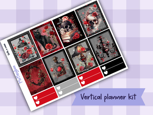 Weekly Planner Sticker Kit, Spooky goth halloween Vertical Planning Stickers, Goth n Roses