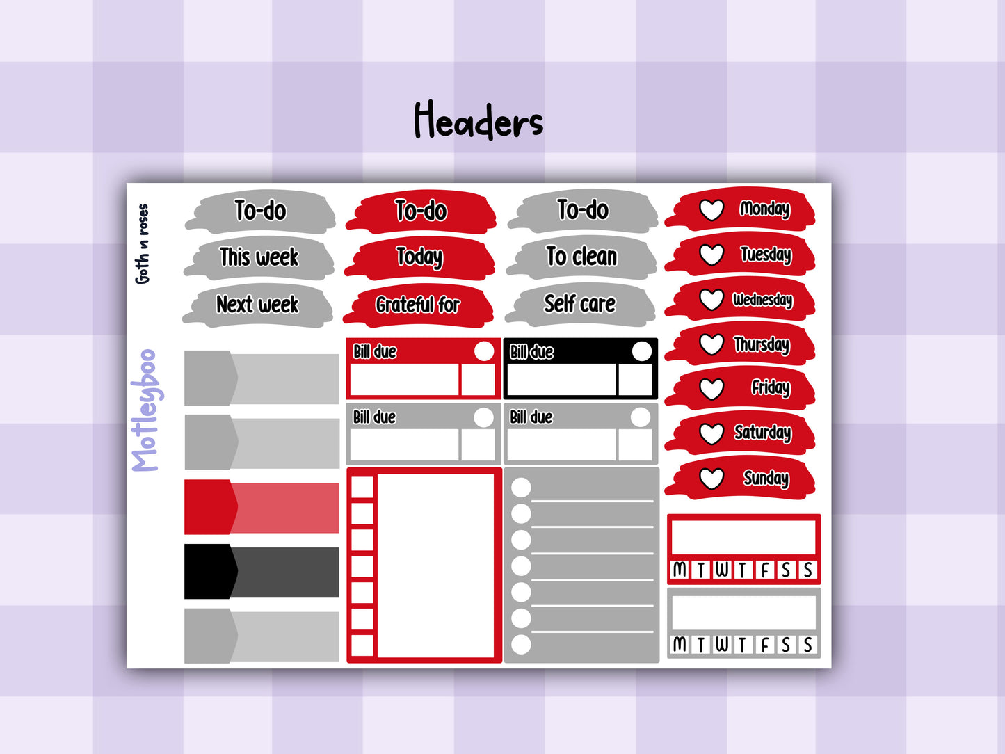 Weekly Planner Sticker Kit, Spooky goth halloween Vertical Planning Stickers, Goth n Roses