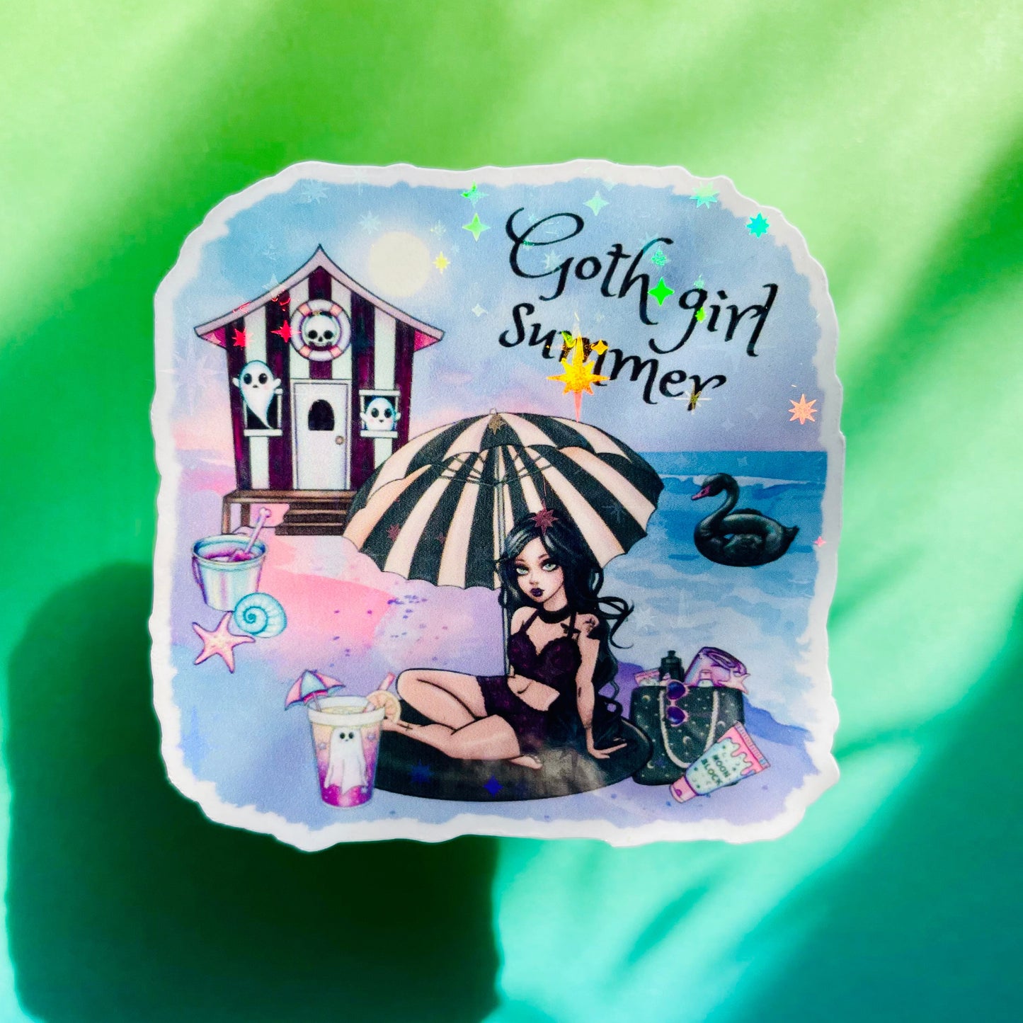 Goth girl summer sticker, gifts for book lovers, gothic sticker, die cut sticker, laminate sticker, laptop sticker, vinyl sticker, glitter