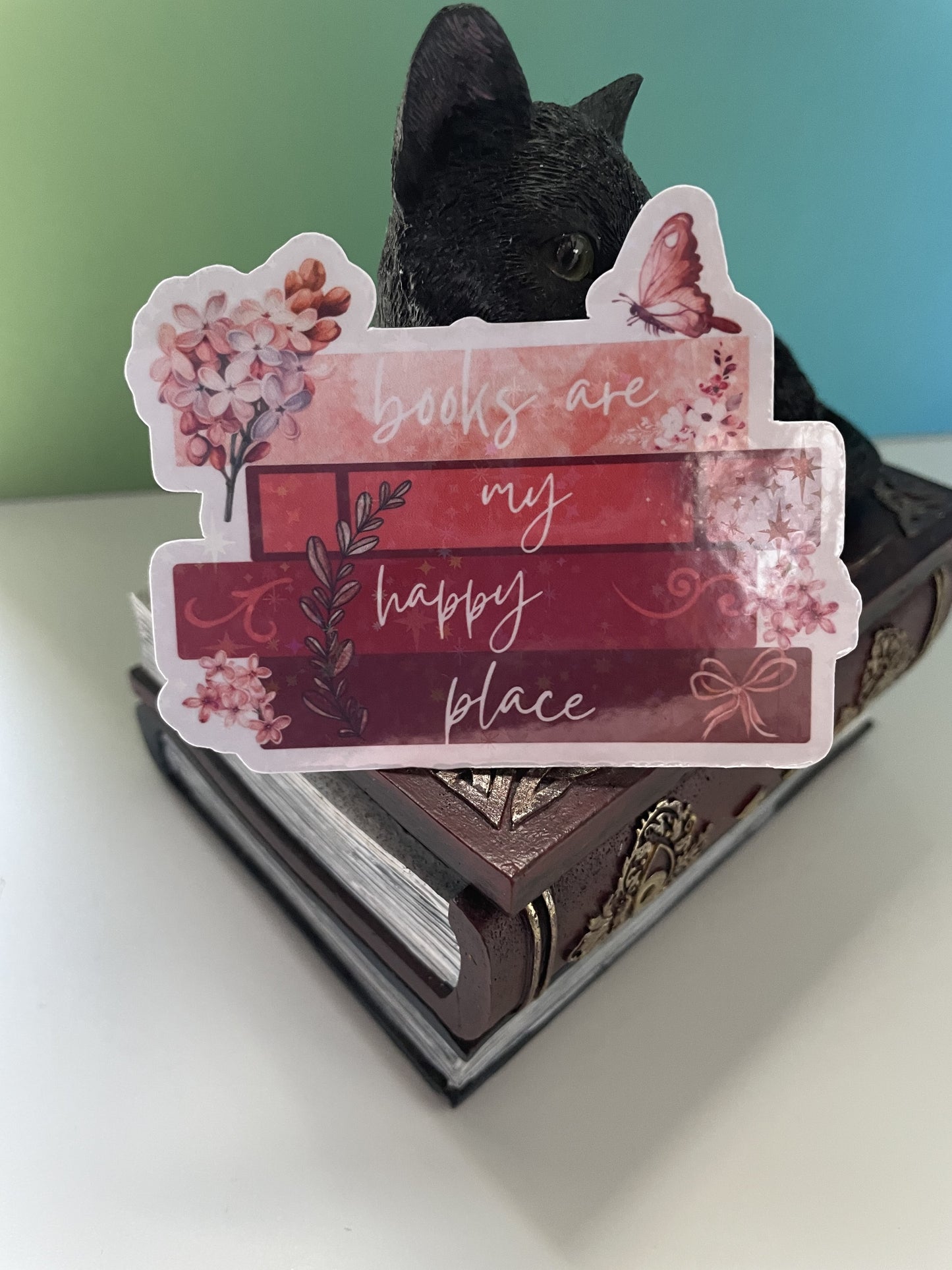Books are my happy place sticker, gifts for book lovers, red sticker, die cut sticker, laminated, laptop sticker, vinyl sticker, bookish