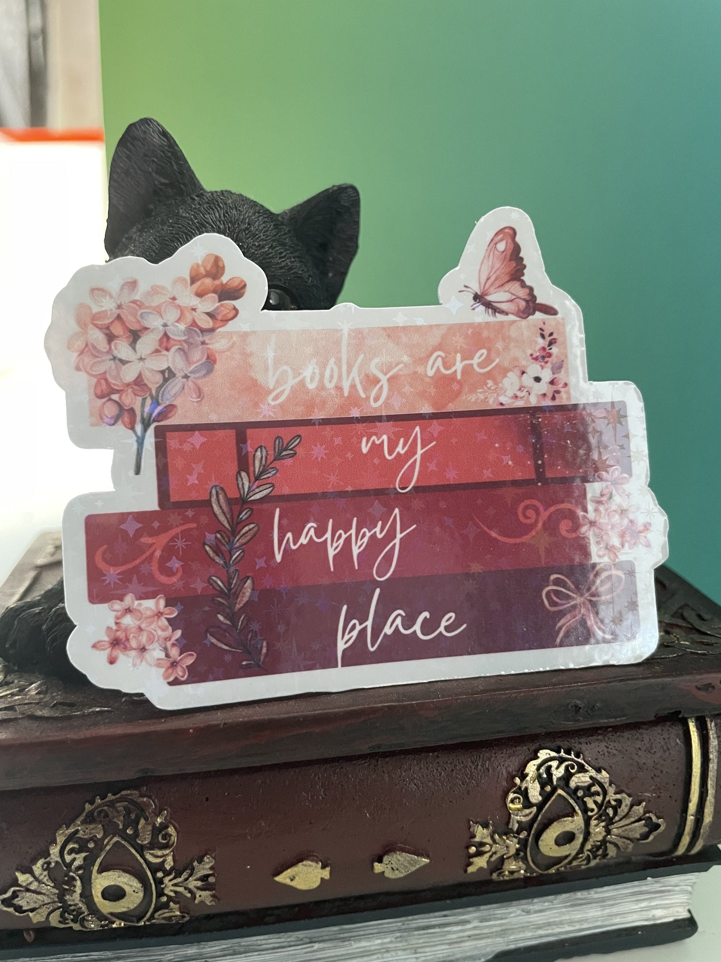 Books are my happy place sticker, gifts for book lovers, red sticker, die cut sticker, laminated, laptop sticker, vinyl sticker, bookish