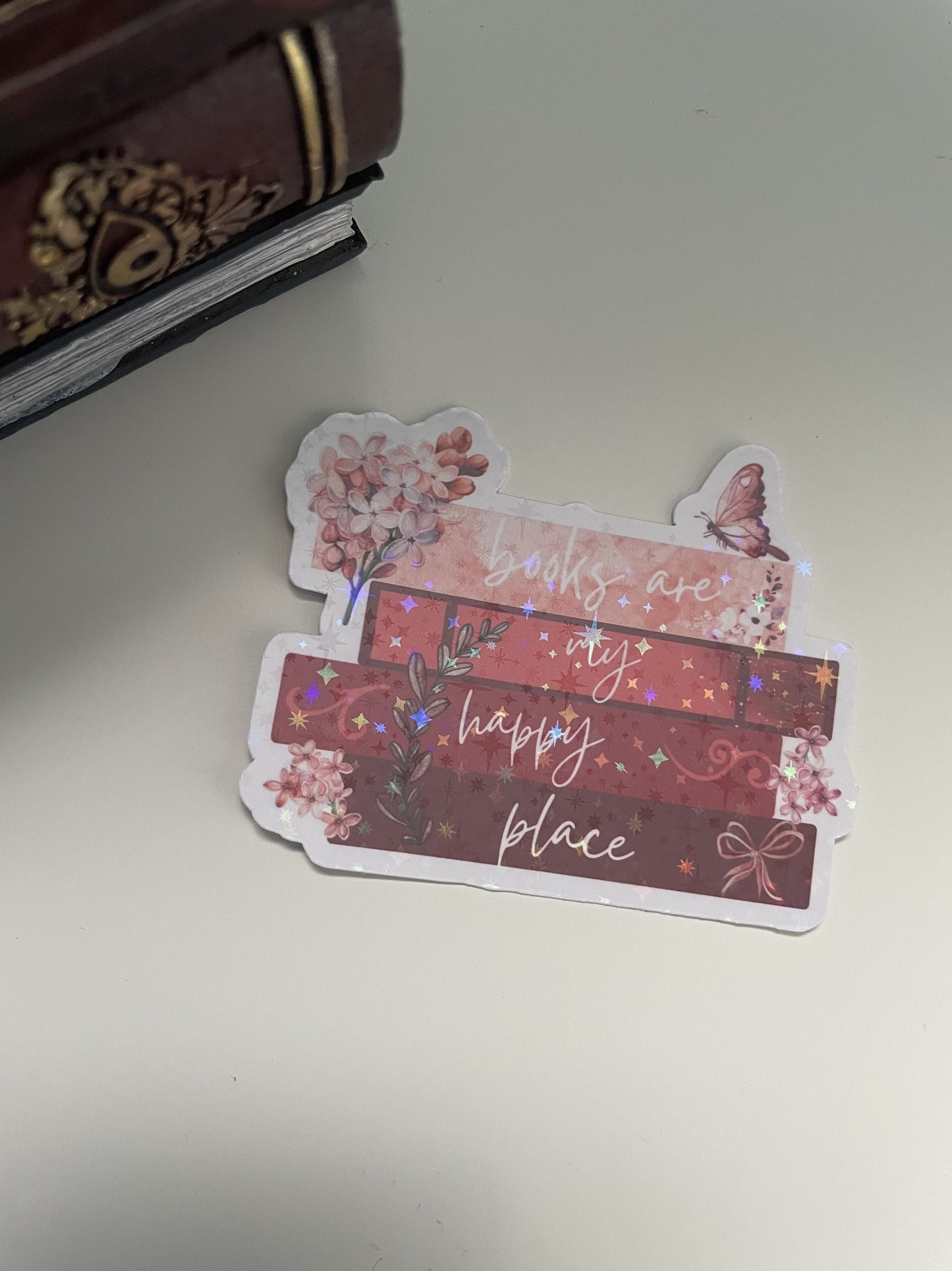 Books are my happy place sticker, gifts for book lovers, red sticker, die cut sticker, laminated, laptop sticker, vinyl sticker, bookish