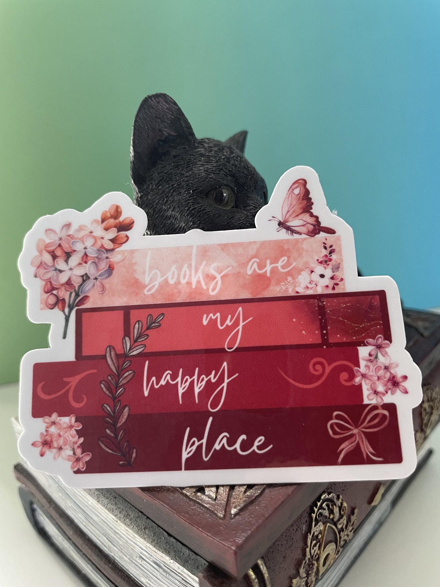 Books are my happy place sticker, gifts for book lovers, red sticker, die cut sticker, laminated, laptop sticker, vinyl sticker, bookish