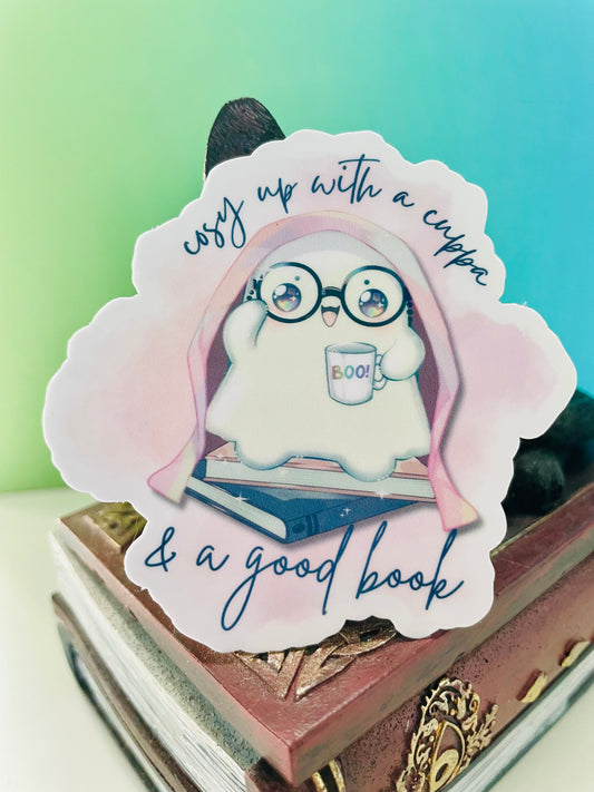 A cuppa and a good book sticker, gifts for book lovers, ghost sticker, die cut sticker, laminate sticker, laptop sticker, vinyl sticker