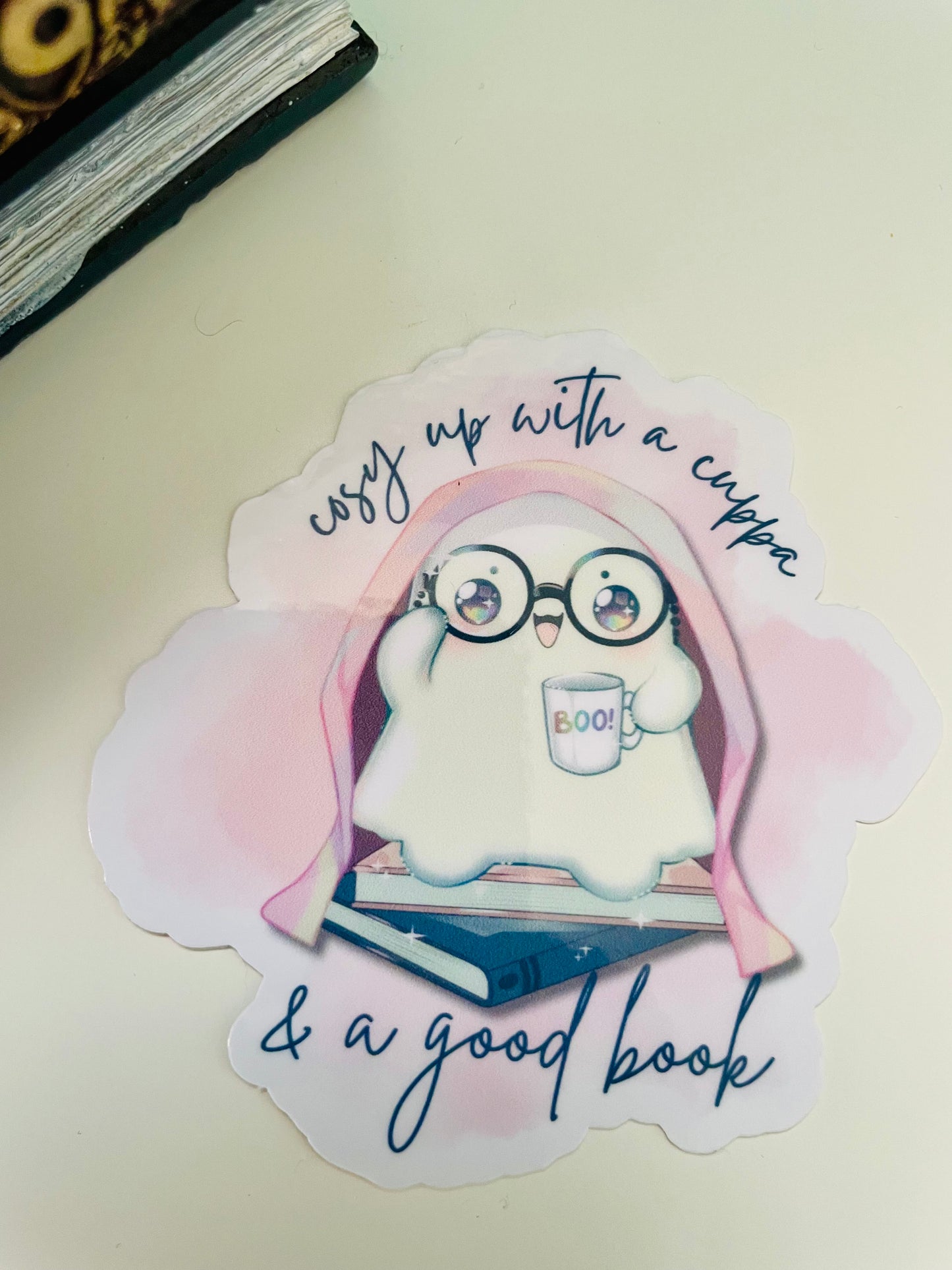 A cuppa and a good book sticker, gifts for book lovers, ghost sticker, die cut sticker, laminate sticker, laptop sticker, vinyl sticker