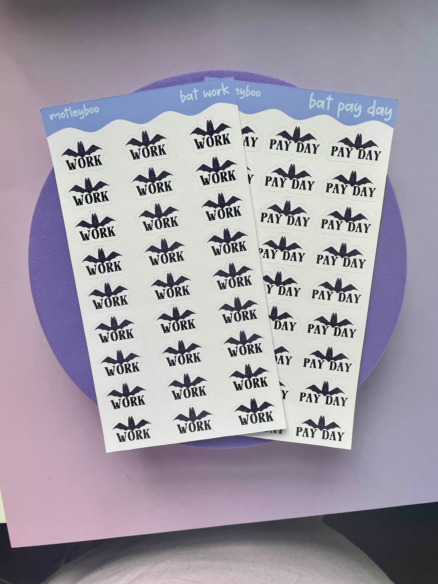 functional words sticker sheet, stickers, goth stickers, halloween stickers, original art stickers, cute and fun stickers, bat stickers