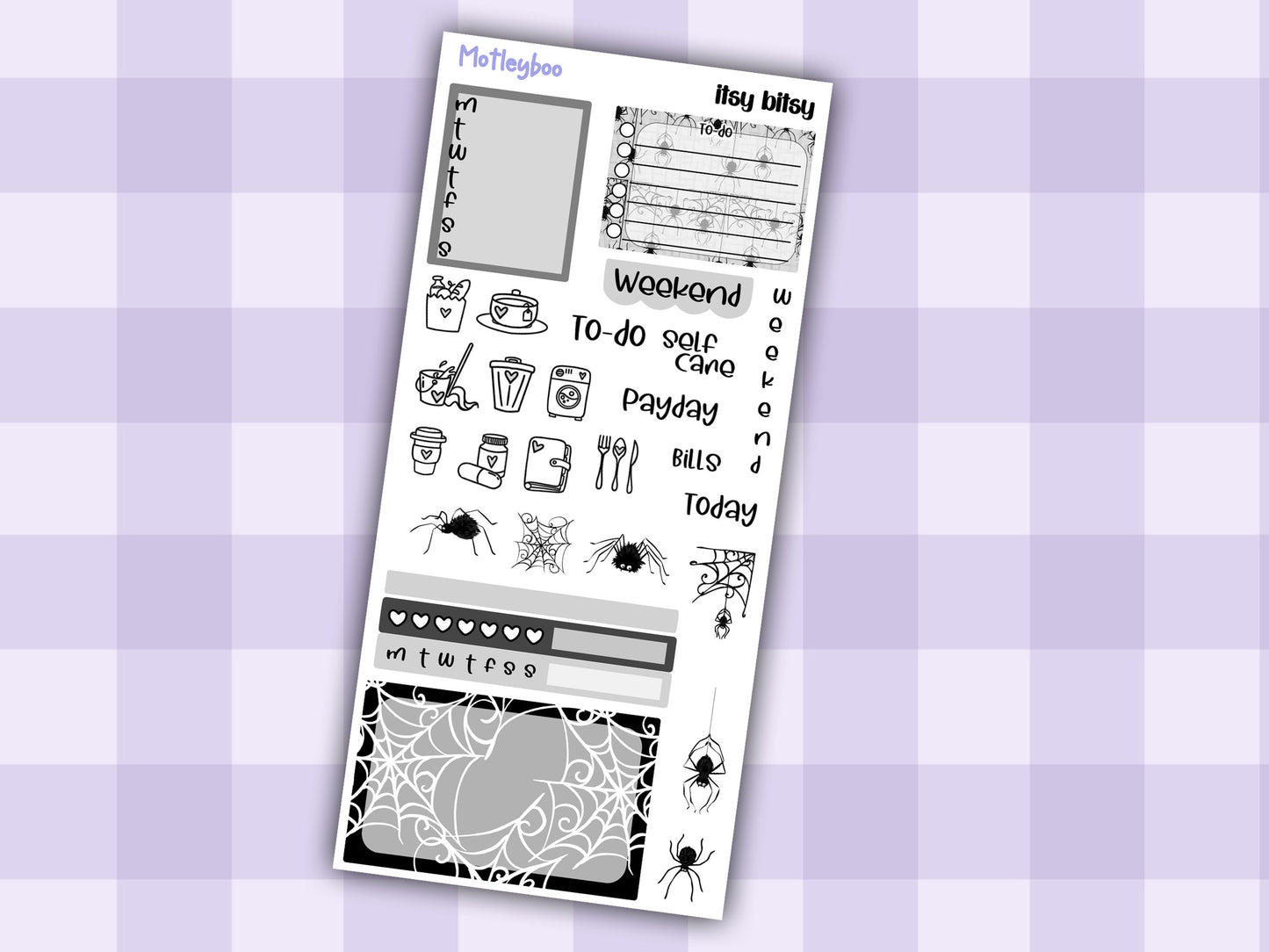 Hobonichi weeks, sticker kit, hobonichi planner, spider stickers, hobonichi functional sticker, small planner stickers, goth planner, itsy bitsy