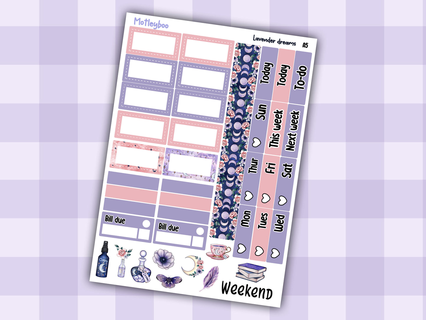 Hobonichi cousin, weekly planner sticker kit, Lavender dreams