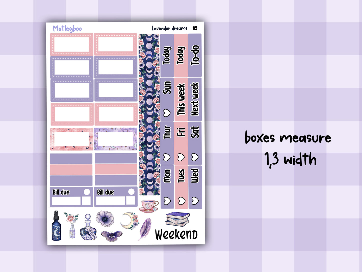 Hobonichi cousin, weekly planner sticker kit, Lavender dreams