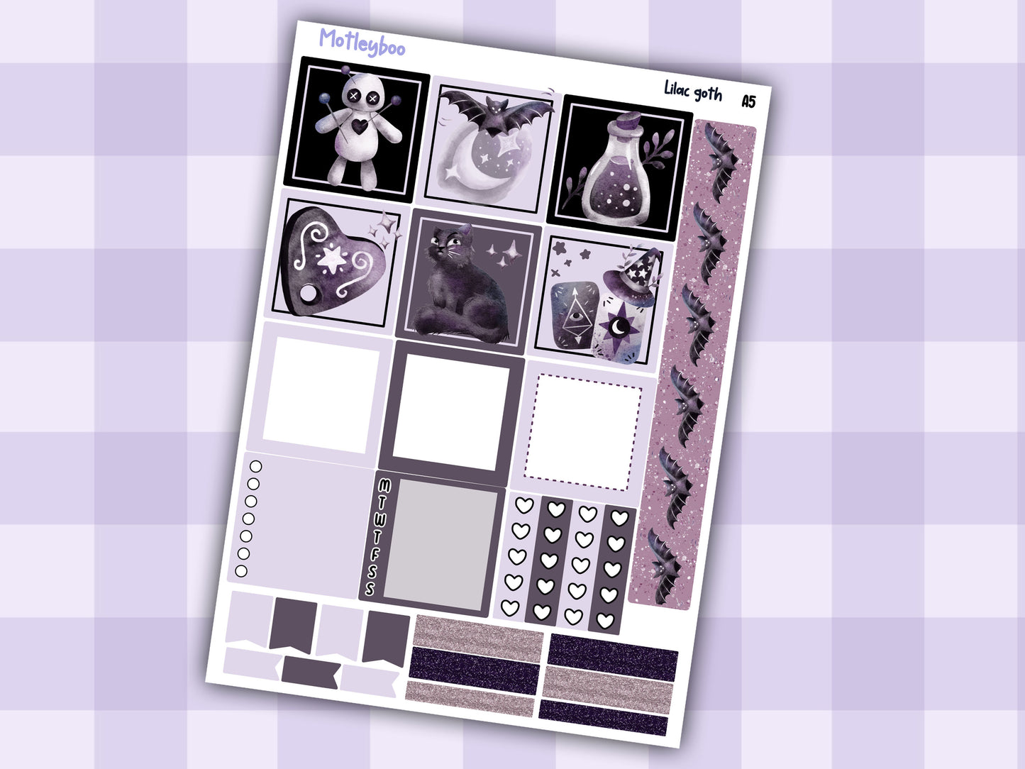 Lilac Goth Weekly Sticker Kit, A5 Hobonichi Cousin Planner Stickers