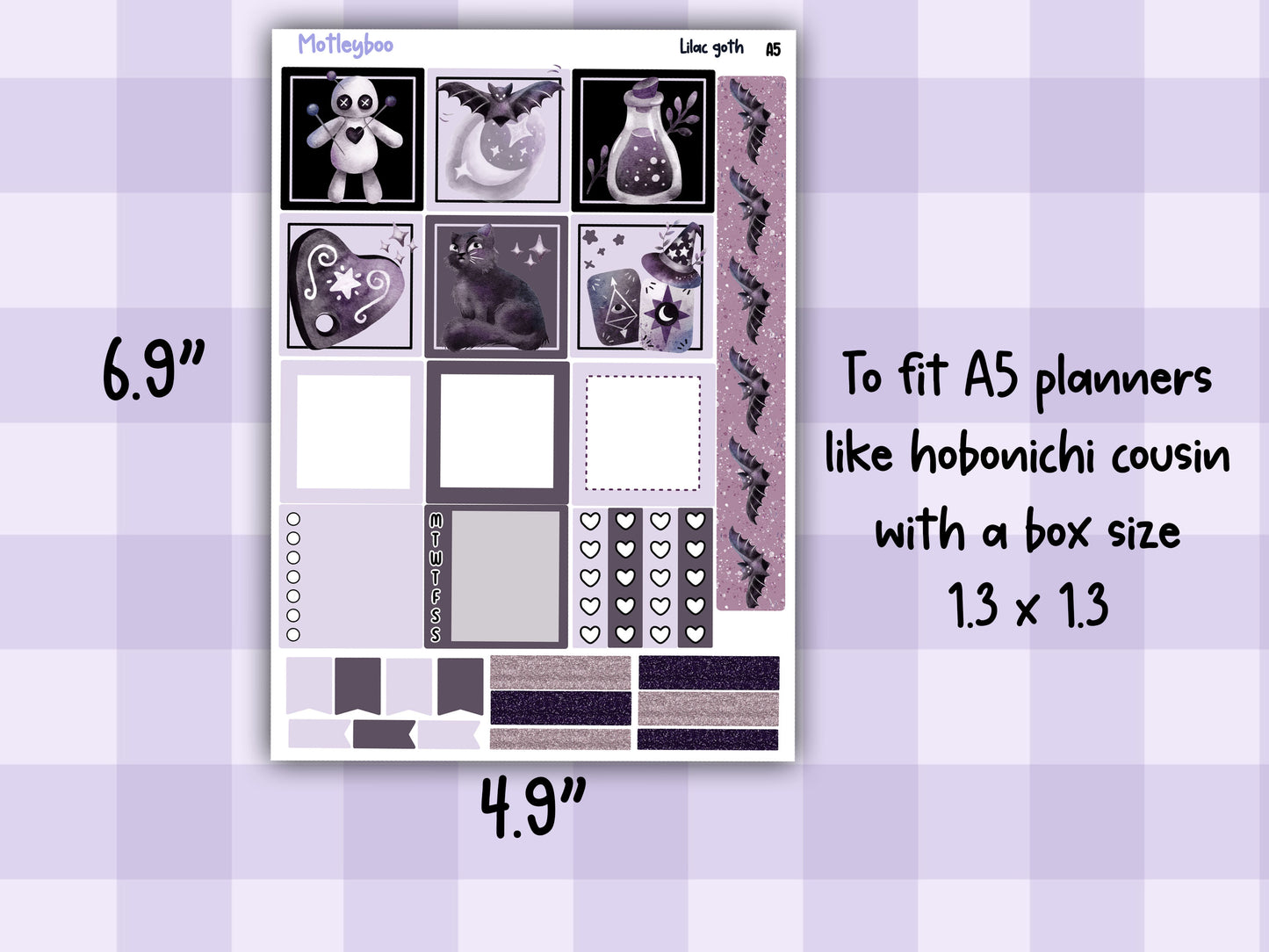 Lilac Goth Weekly Sticker Kit, A5 Hobonichi Cousin Planner Stickers