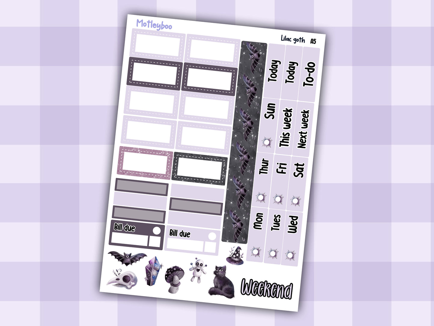 Lilac Goth Weekly Sticker Kit, A5 Hobonichi Cousin Planner Stickers
