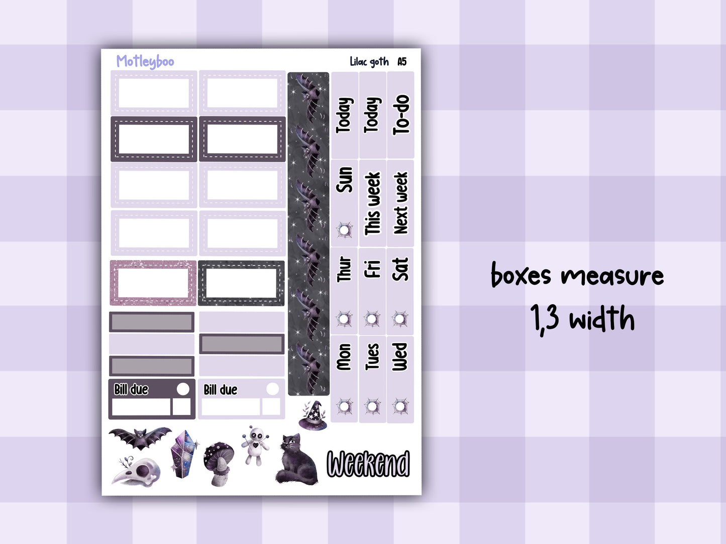 Lilac Goth Weekly Sticker Kit, A5 Hobonichi Cousin Planner Stickers