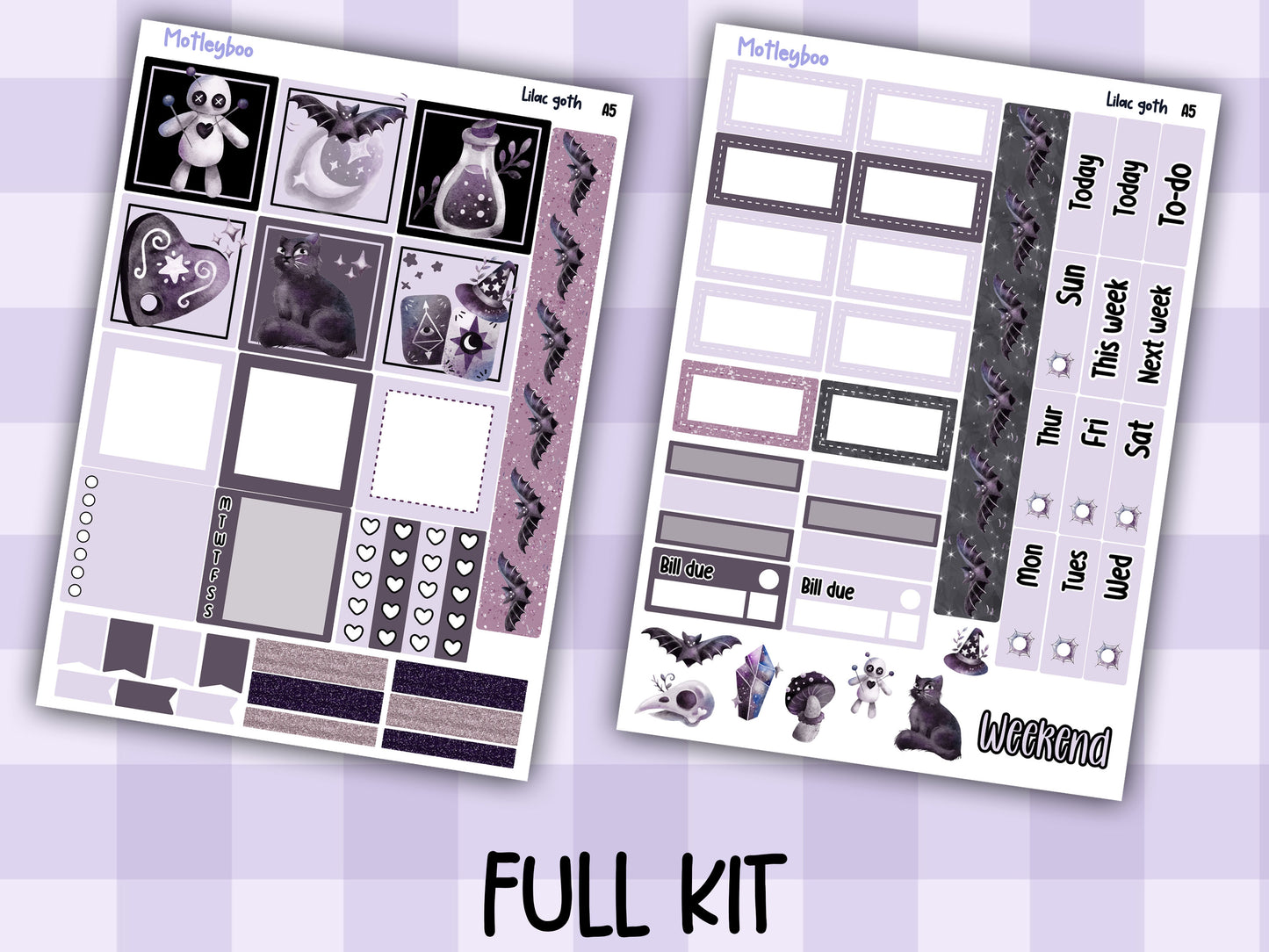 Lilac Goth Weekly Sticker Kit, A5 Hobonichi Cousin Planner Stickers