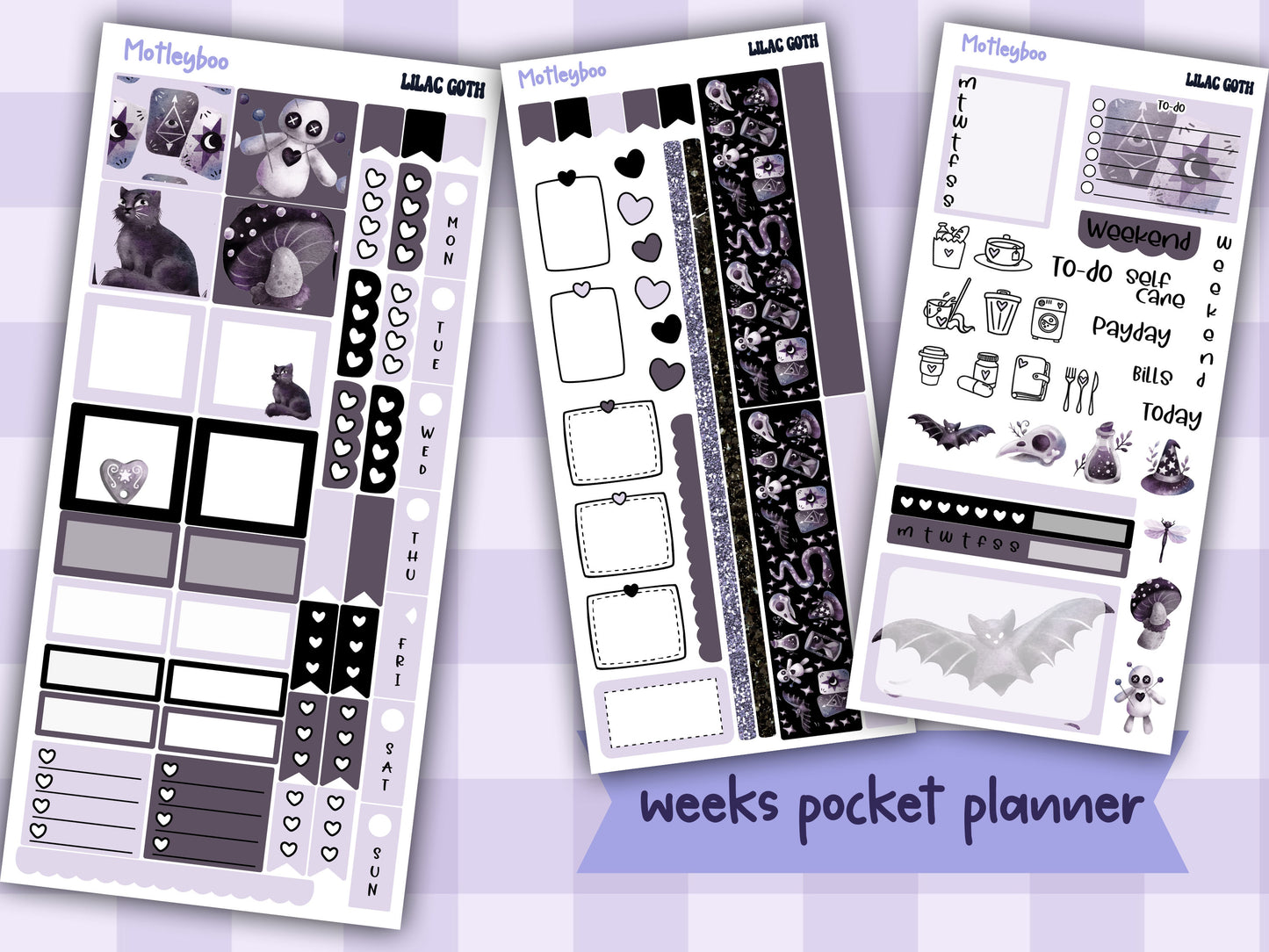 Hobonichi weeks, weekly sticker kit, witch stickers, celestial stickers, mystical stickers, witchcraft stickers, lilac goth