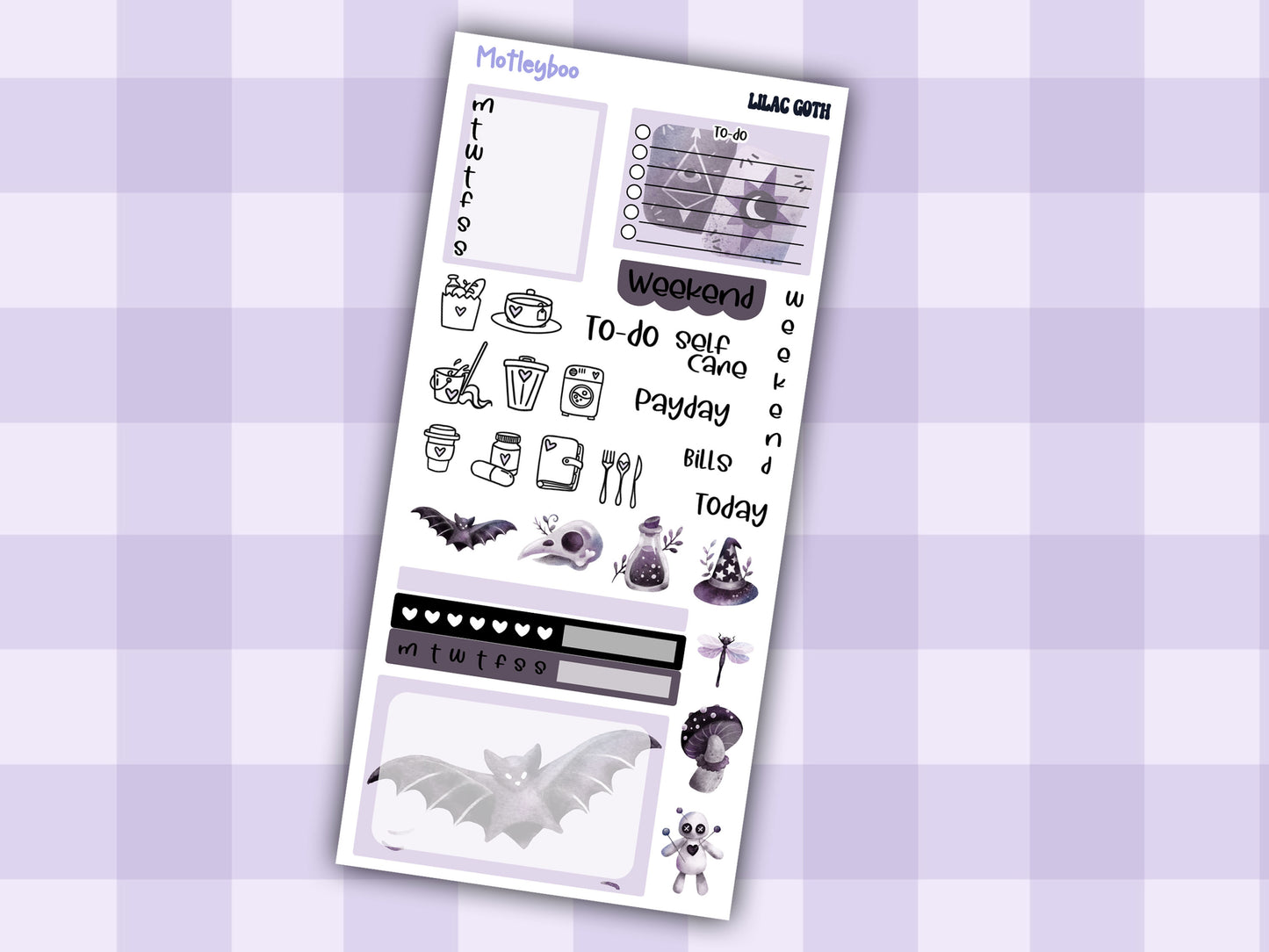 Hobonichi weeks, weekly sticker kit, witch stickers, celestial stickers, mystical stickers, witchcraft stickers, lilac goth