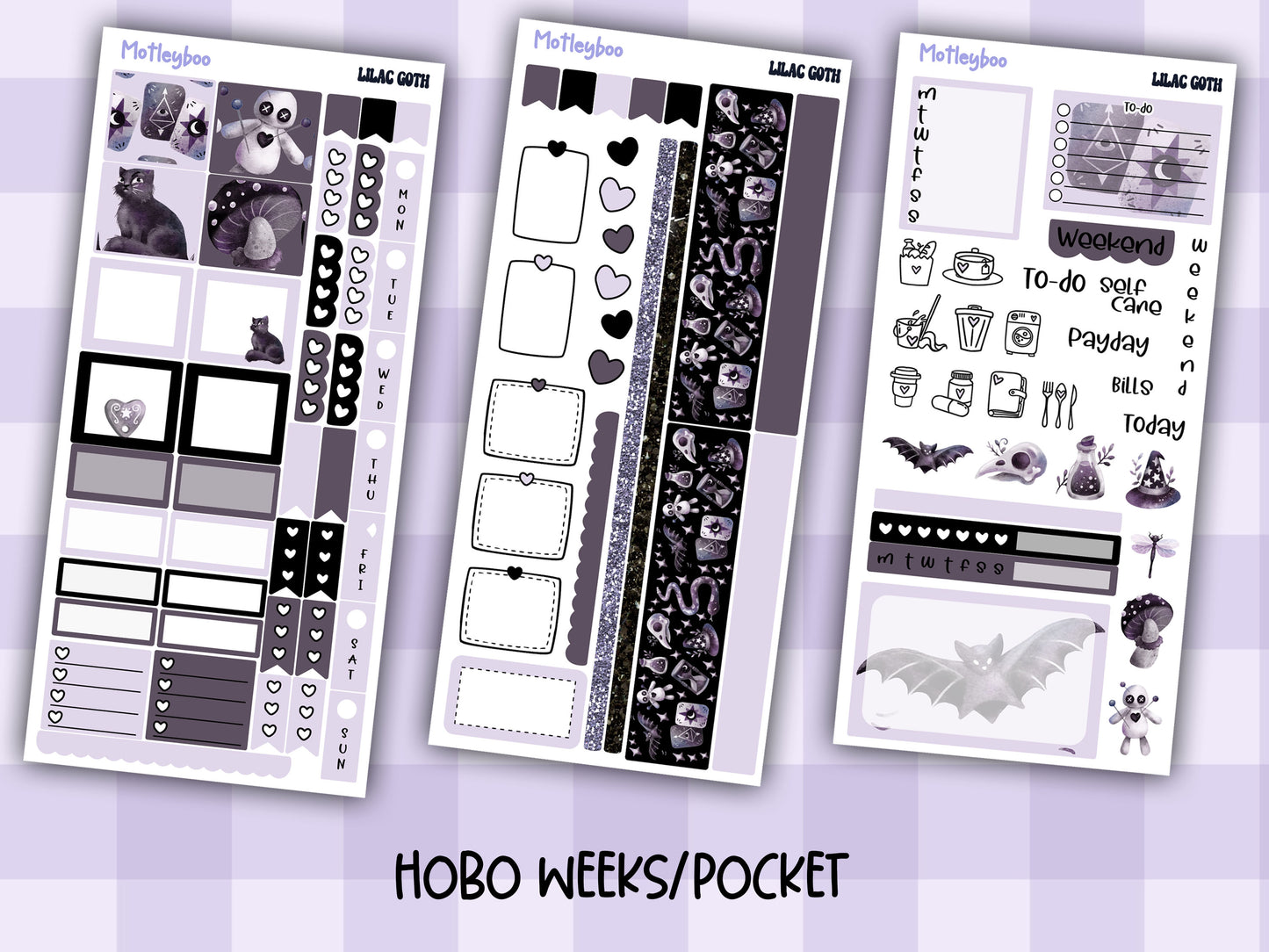 Hobonichi weeks, weekly sticker kit, witch stickers, celestial stickers, mystical stickers, witchcraft stickers, lilac goth