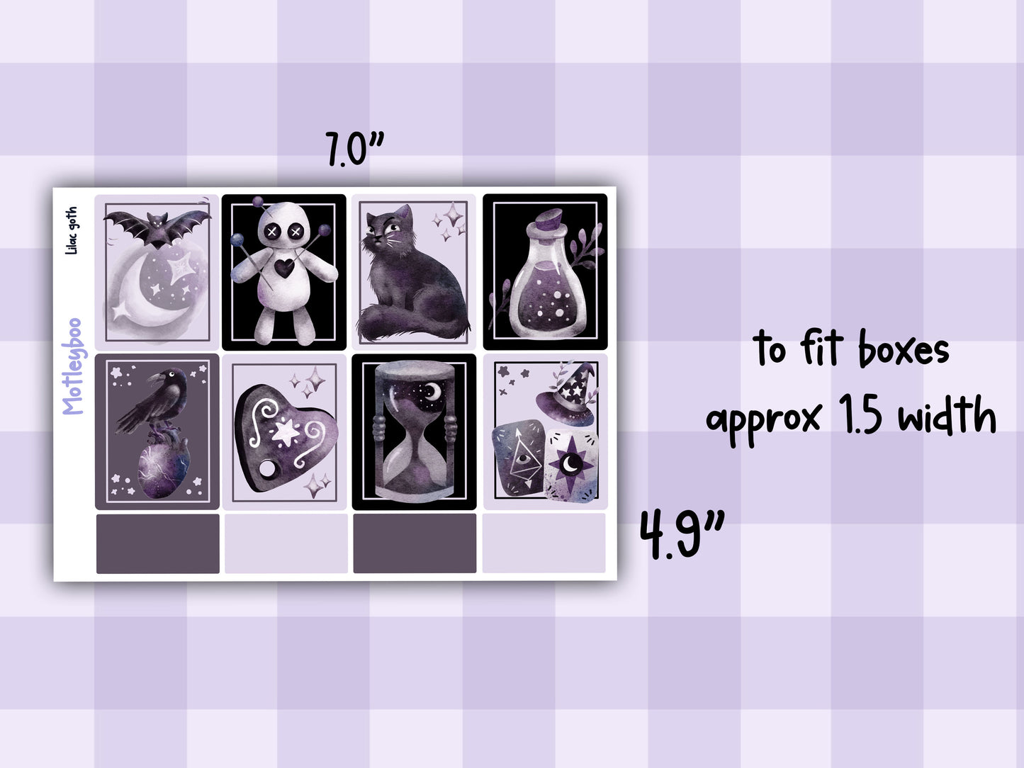 Gothic style weekly vertical planner kit, functional stickers, lilac goth
