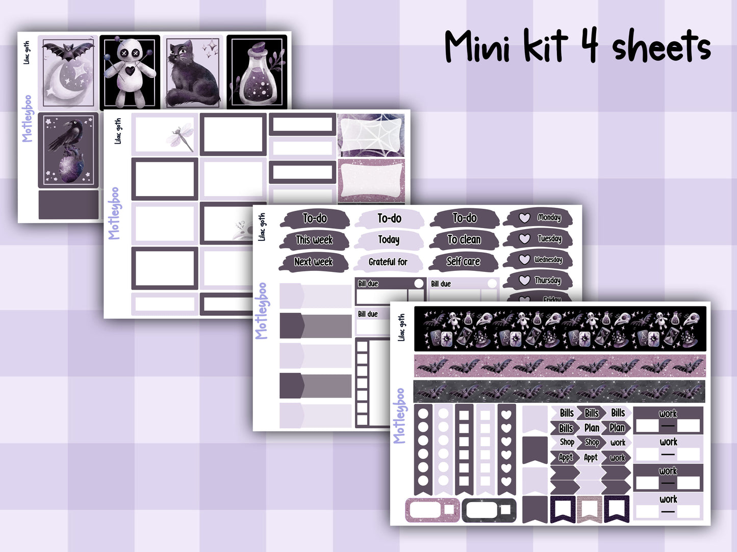 Gothic style weekly vertical planner kit, functional stickers, lilac goth