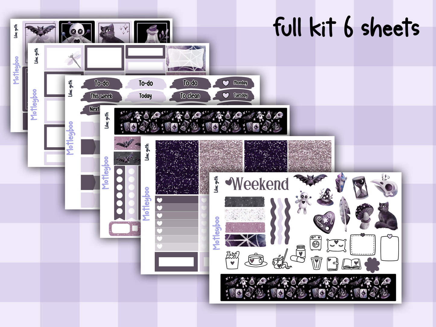 Gothic style weekly vertical planner kit, functional stickers, lilac goth