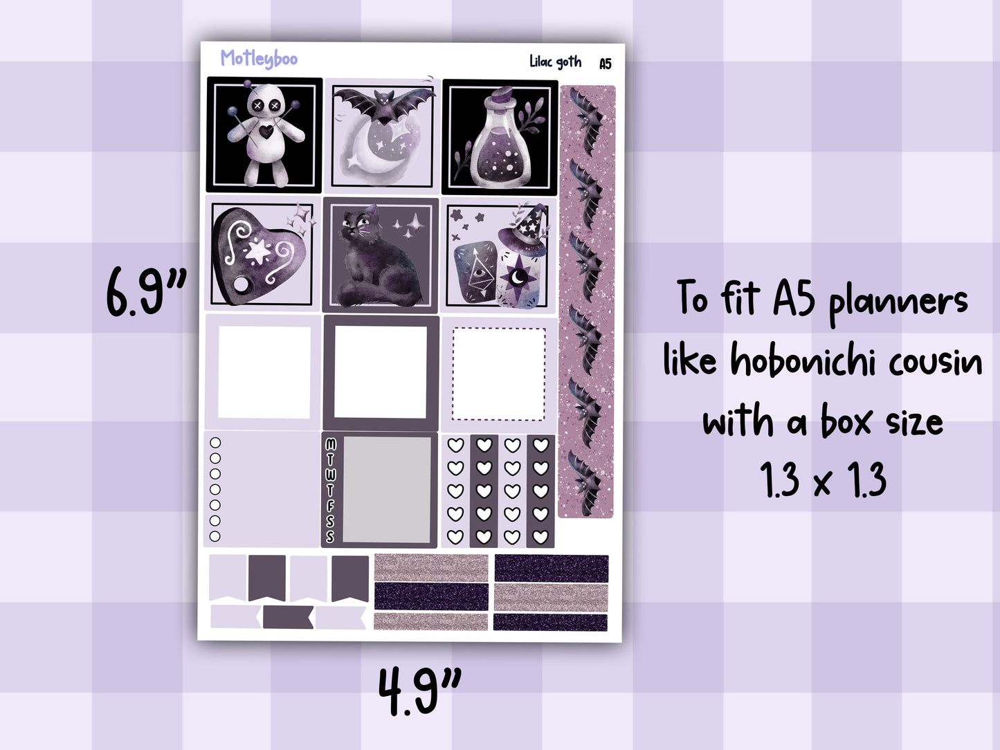 Lilac Goth Weekly Sticker Kit, A5 Hobonichi Cousin Planner Stickers