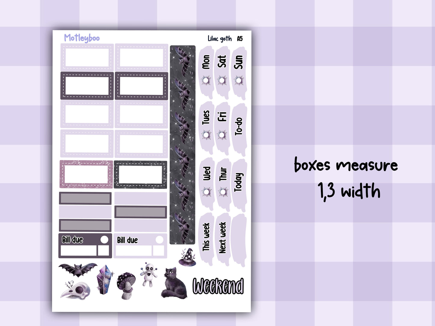 Lilac Goth Weekly Sticker Kit, A5 Hobonichi Cousin Planner Stickers