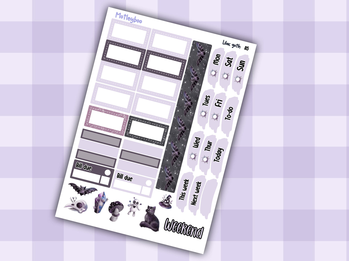 Lilac Goth Weekly Sticker Kit, A5 Hobonichi Cousin Planner Stickers