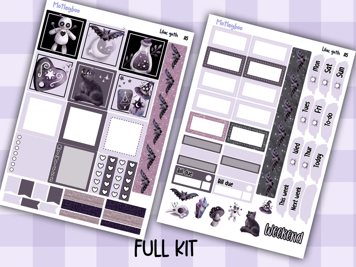 Lilac Goth Weekly Sticker Kit, A5 Hobonichi Cousin Planner Stickers