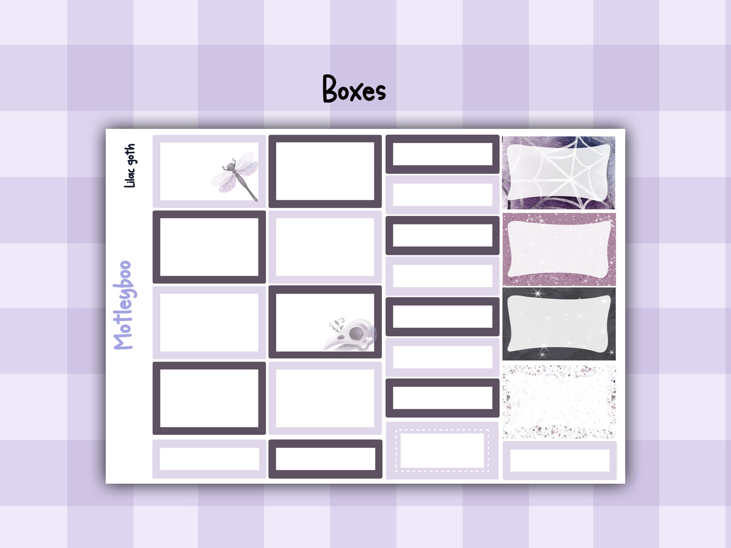 Gothic style weekly vertical planner kit, functional stickers, lilac goth