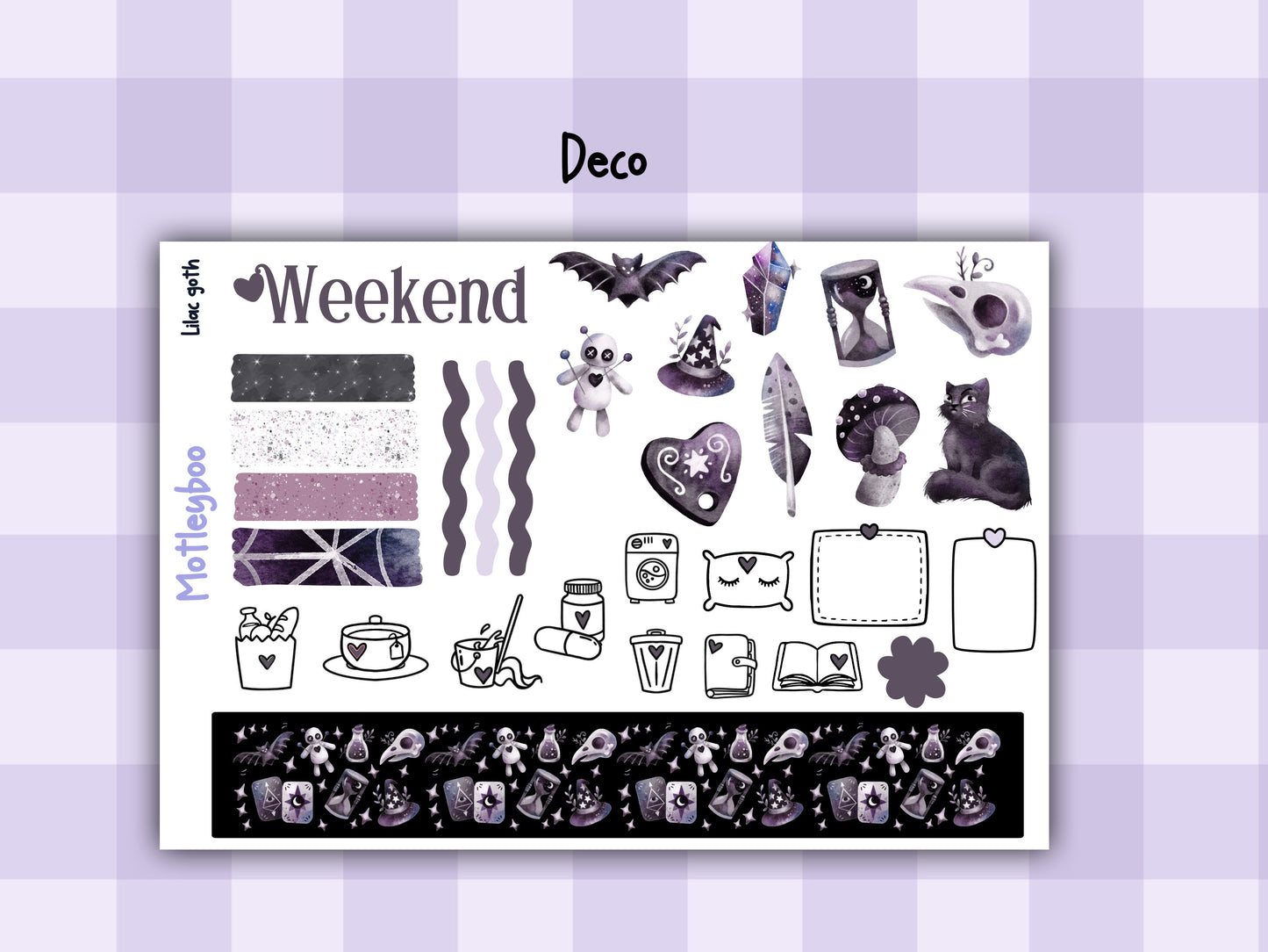 Gothic style weekly vertical planner kit, functional stickers, lilac goth