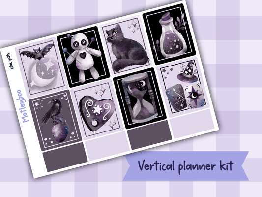 Gothic style weekly vertical planner kit, functional stickers, lilac goth