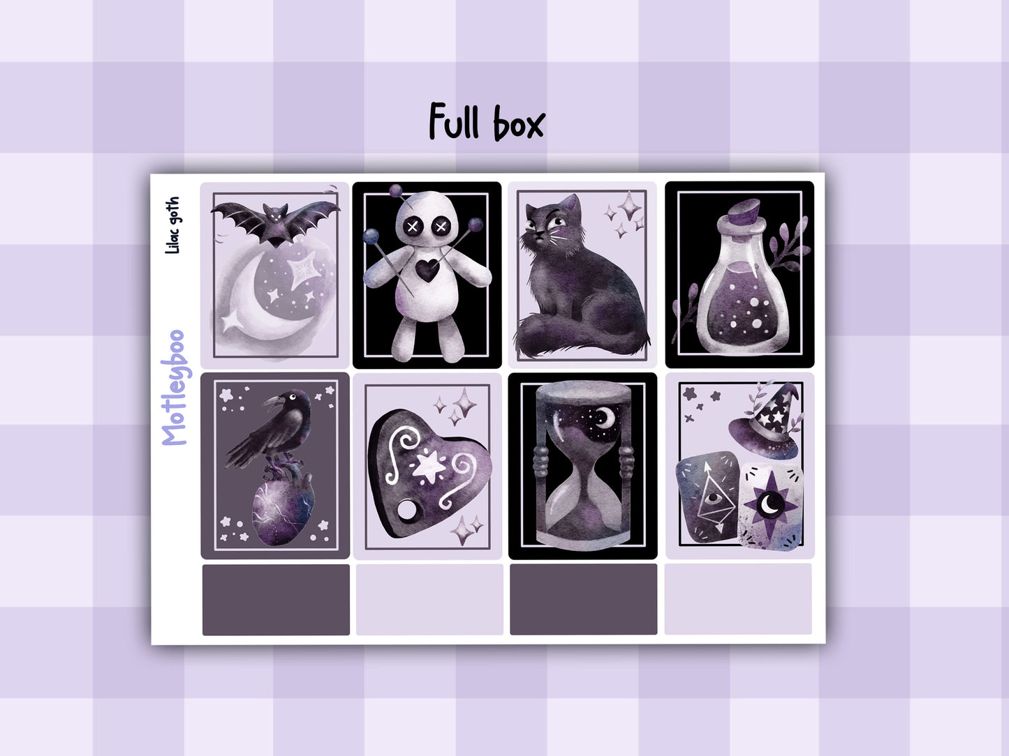 Gothic style weekly vertical planner kit, functional stickers, lilac goth