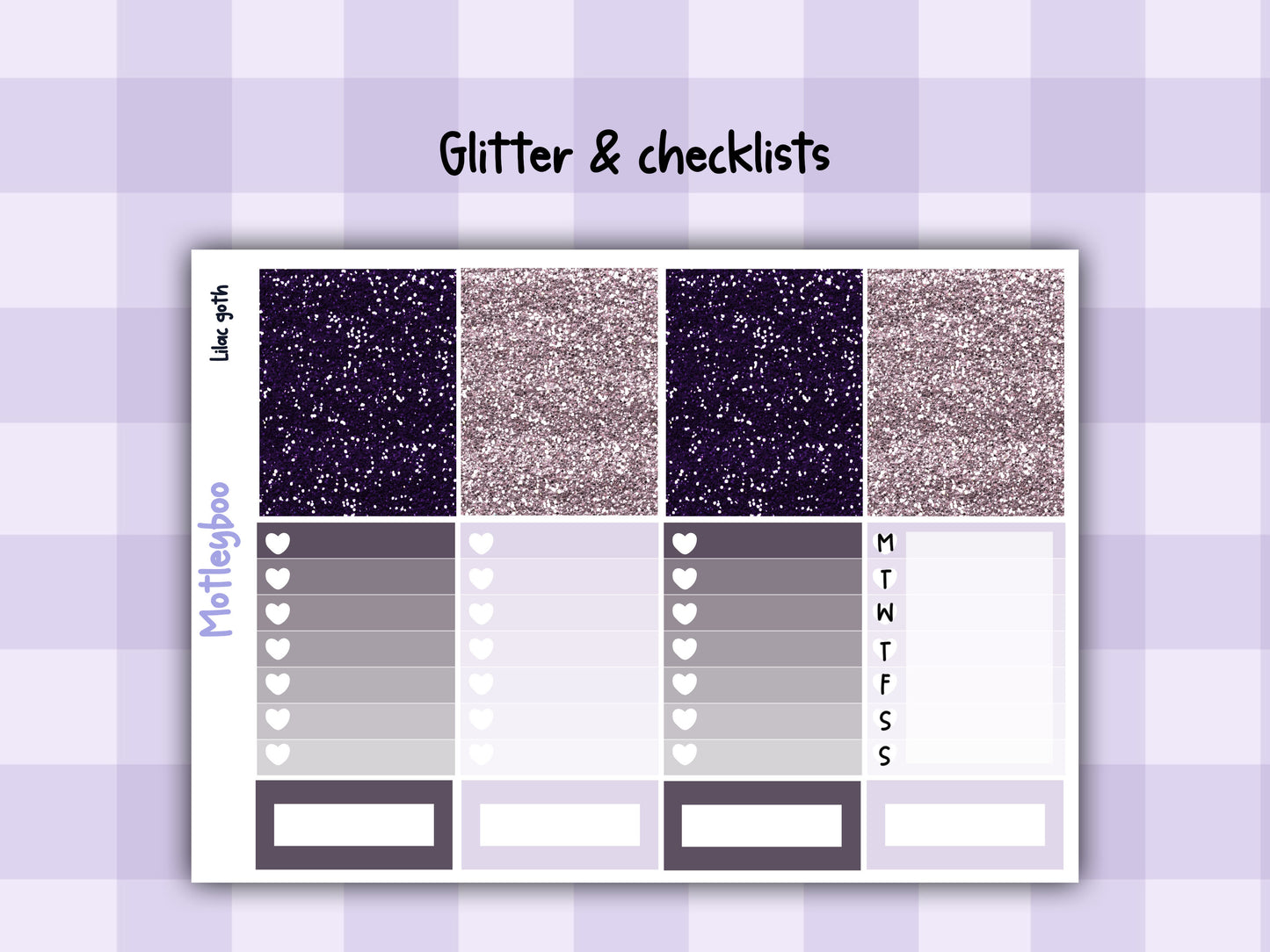 Gothic style weekly vertical planner kit, functional stickers, lilac goth