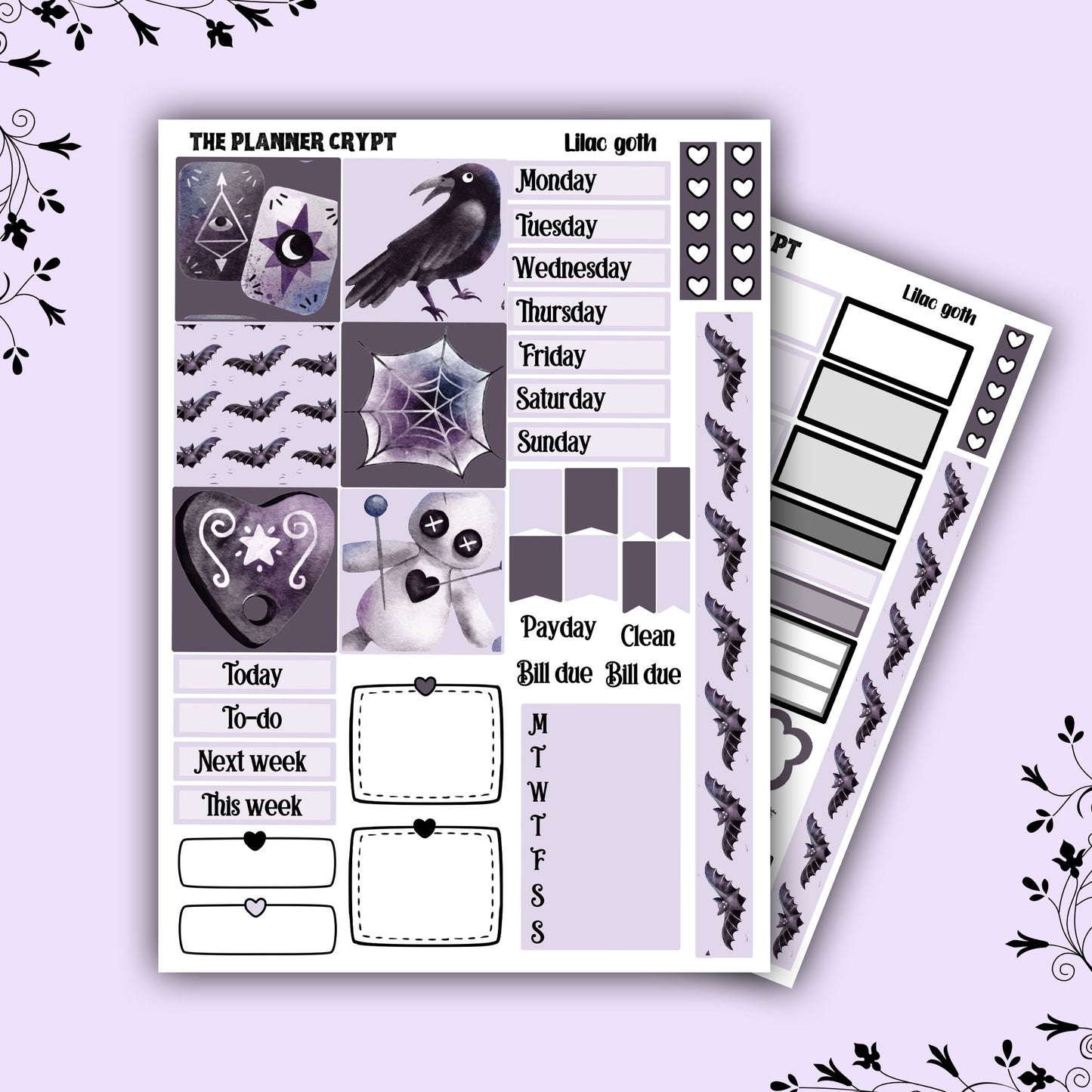 Hobonichi cousin planner sticker kit, lilac goth, gothic planner kit