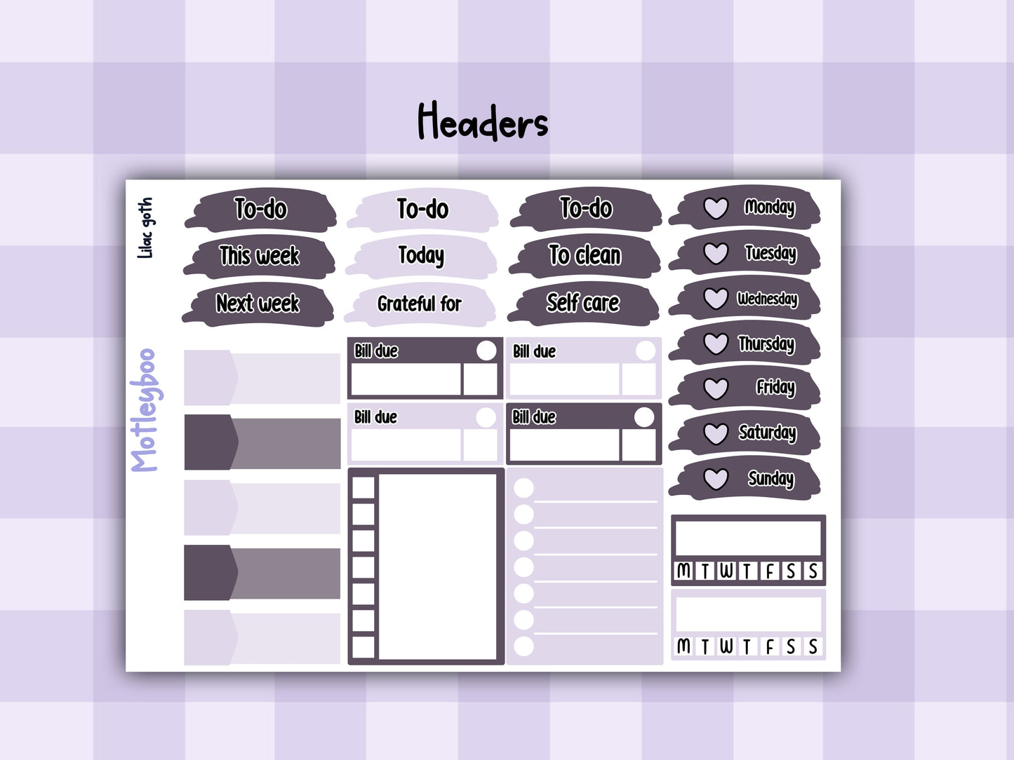 Gothic style weekly vertical planner kit, functional stickers, lilac goth