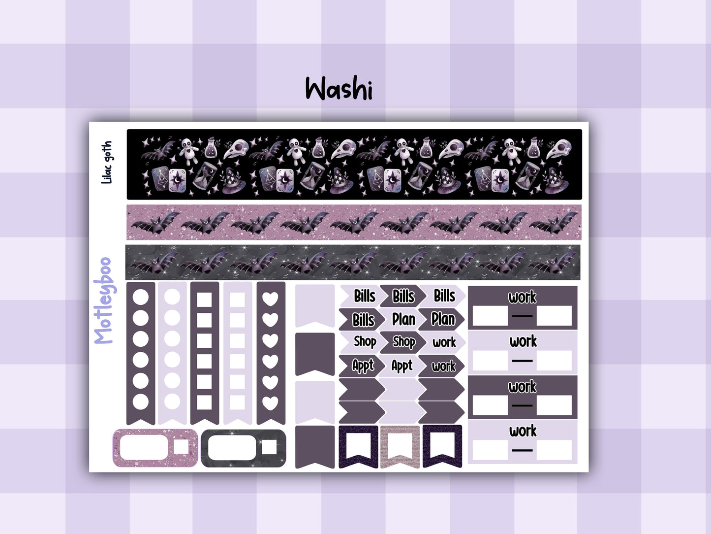 Gothic style weekly vertical planner kit, functional stickers, lilac goth