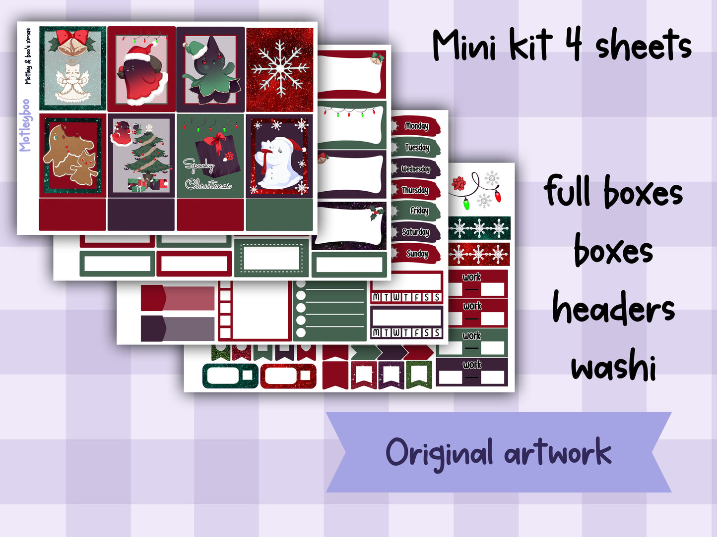 Motleyboo xmas weekly planner sticker kit for vertical planners, gifts for Christmas planning, original artwork, spooky stickers