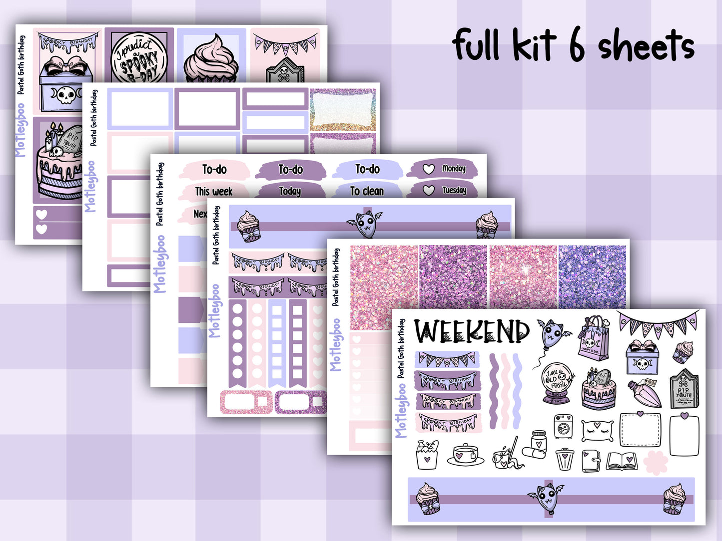 Weekly Planner Sticker Kit, Spooky Birthday Vertical Planning Stickers, Pastel Goth birthday