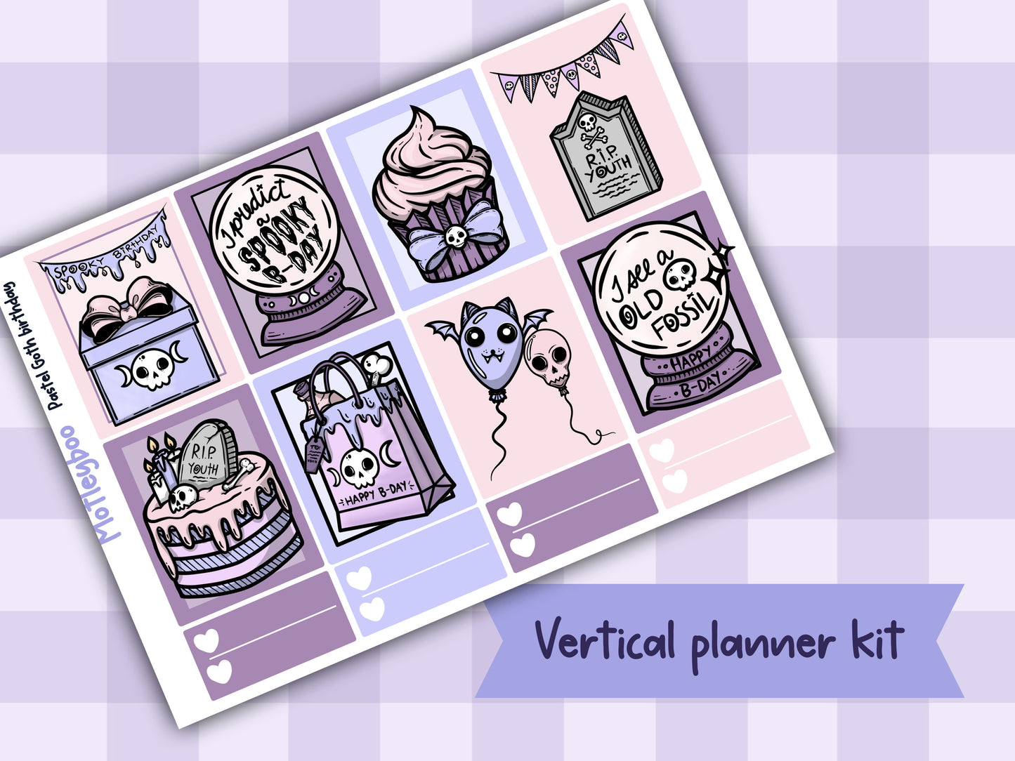 Weekly Planner Sticker Kit, Spooky Birthday Vertical Planning Stickers, Pastel Goth birthday