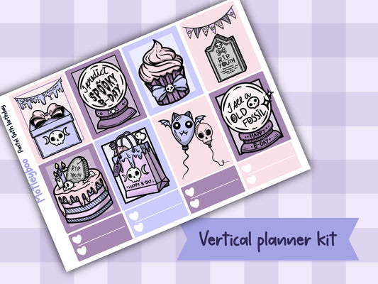 Weekly Planner Sticker Kit, Spooky Birthday Vertical Planning Stickers, Pastel Goth birthday