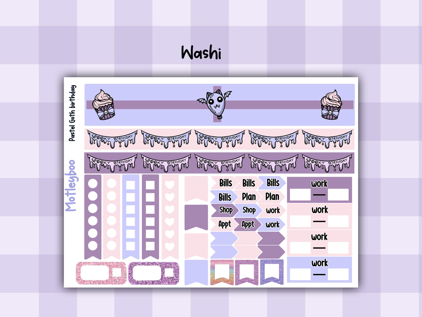 Weekly Planner Sticker Kit, Spooky Birthday Vertical Planning Stickers, Pastel Goth birthday