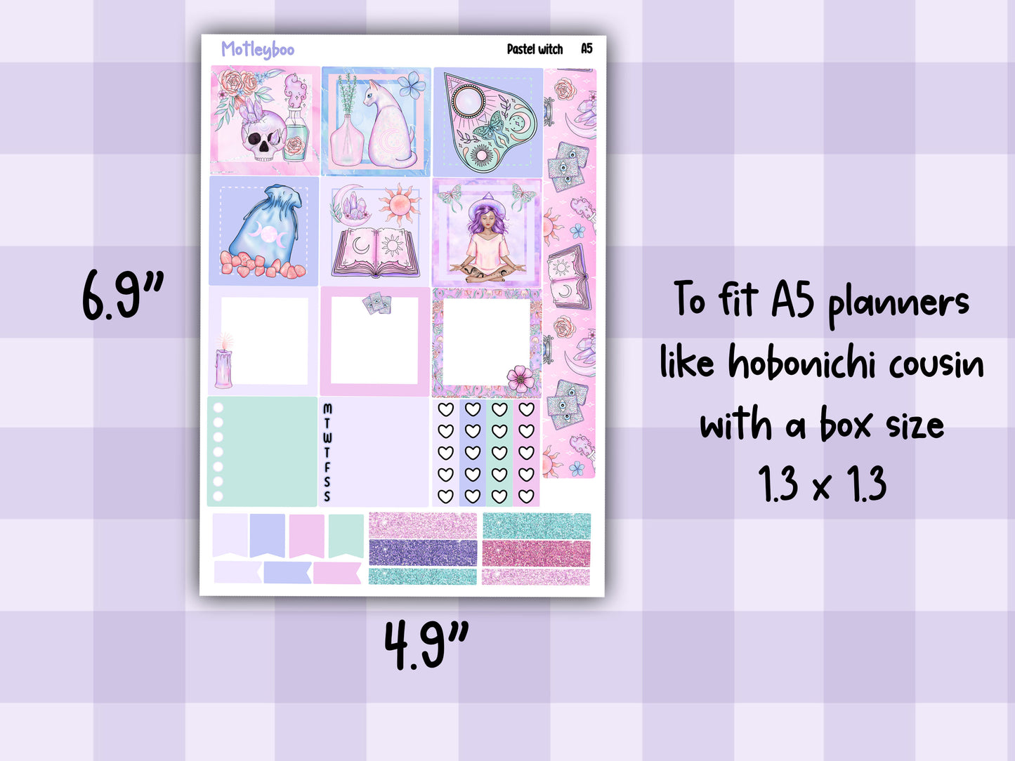 Hobonichi cousin, weekly planner sticker kit, pastel goth, pastel witch